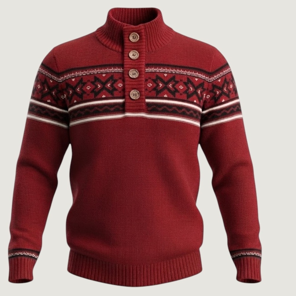 Men's wool blend geometric Fair Isle Qtr Mock Neck Sweater Pullover maroon S